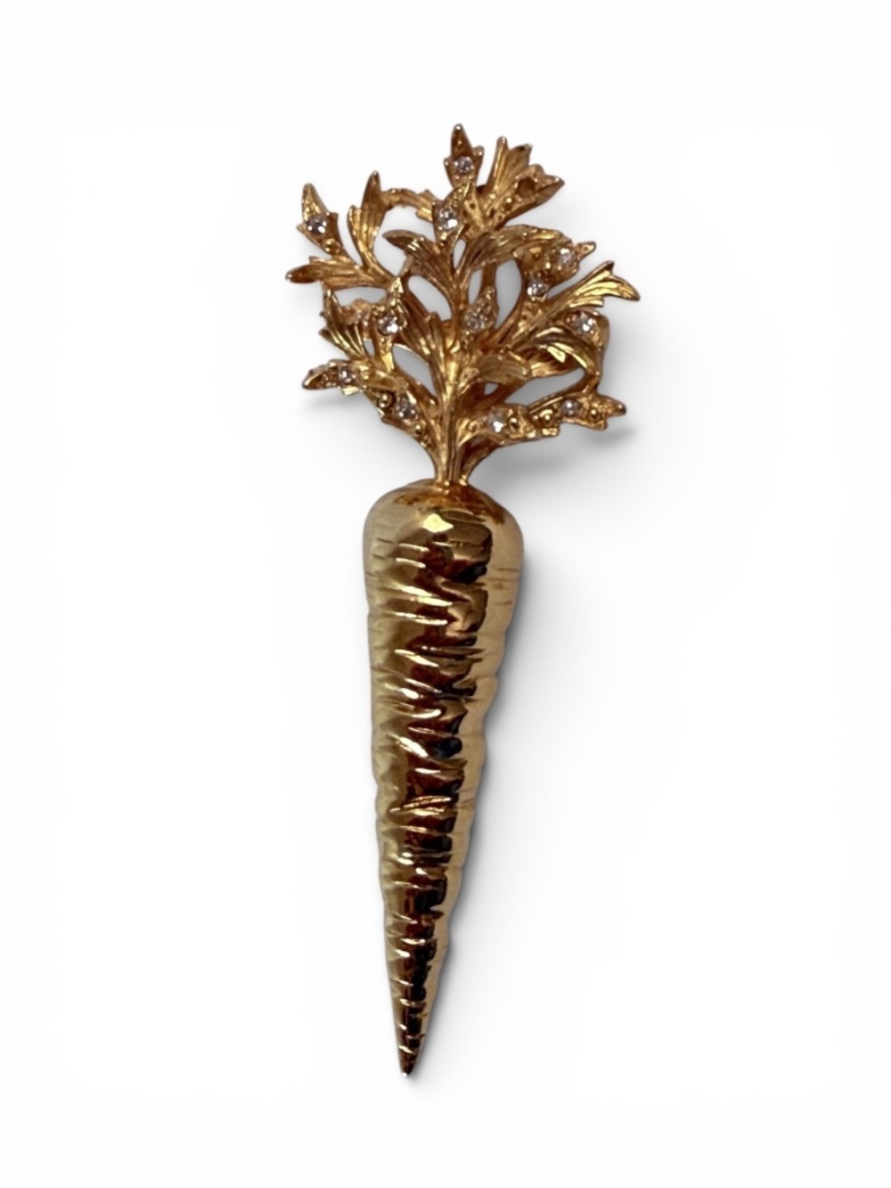 Vintage Easter Carrot Brooch Gold Tone Pin with Rhinestone x Tona 3.5”